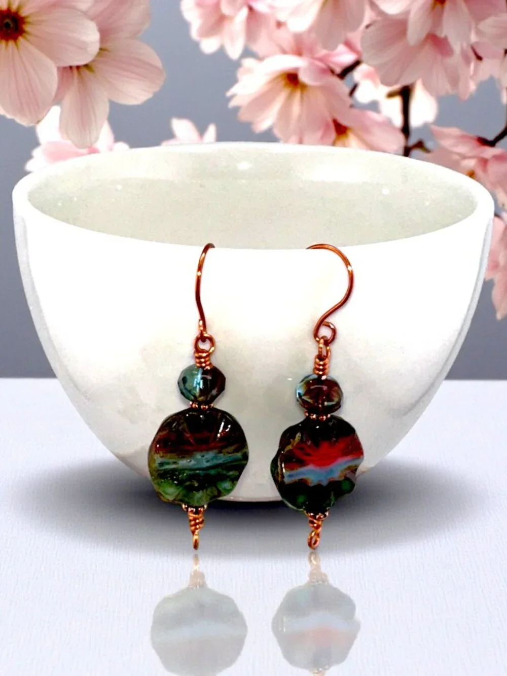 Boho Forest Sunrise Earrings Green Red Czech Glass Copper Dangle Beaded Artisan